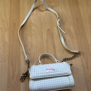 Madden Girl Light Blue Gingham Crossbody with Pink Bow